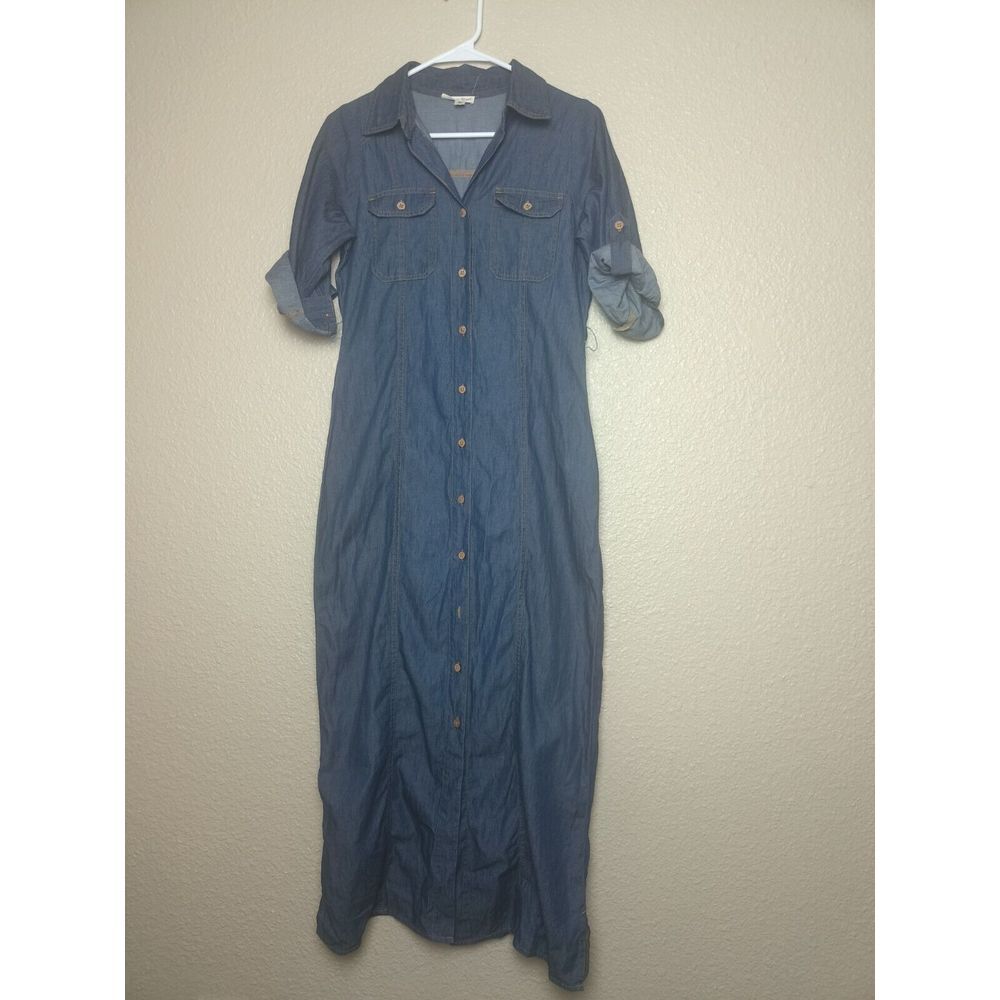 Kings Road Size S Women's Blue Denim Maxi Dress with Buttons Front Roller Sleeve